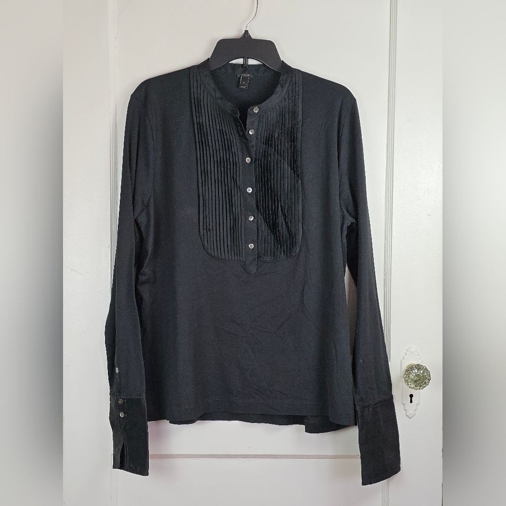 J. Crew Black Long-Sleeve Pleated Bib Henley Top